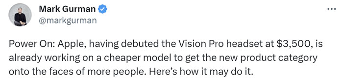 彭博社：蘋果已在研發低價版Vision頭顯，最快2025年發布